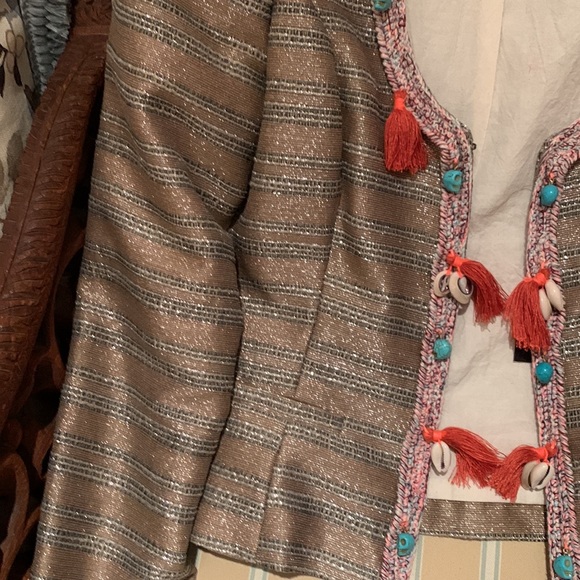 NWOT MAISON SCOTCH LUXURY CROPPED JACKET FRINGE SEASHELLS TURQUOISE EMBELLISHED - Picture 6 of 13